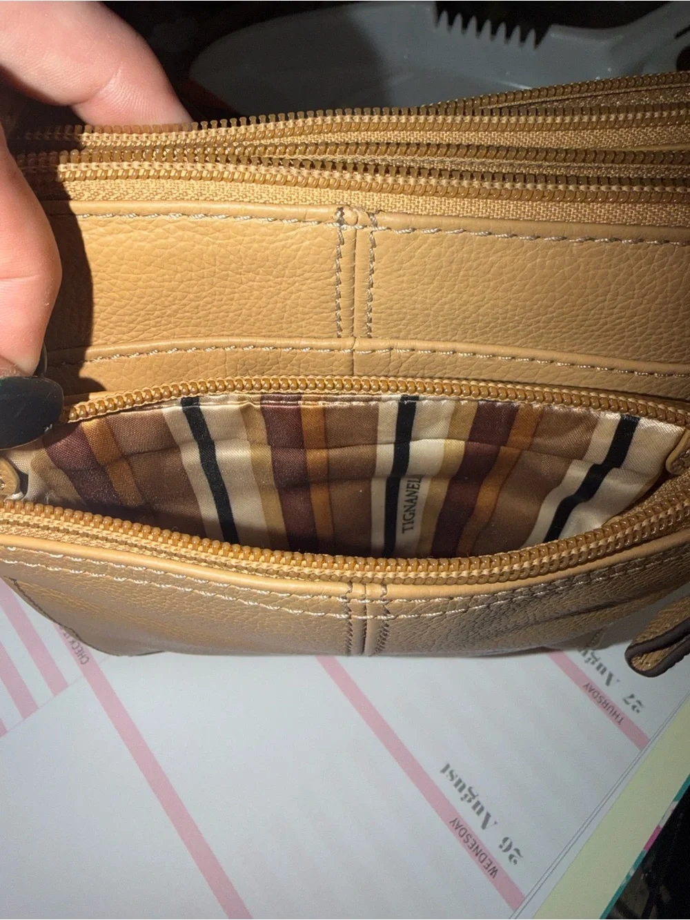 Tignanello Tan Leather Crossbody Bag with Front Zip Pocket AUTHENTIC BAG